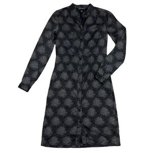 Club Monaco 100% Silk Long-sleeve Black Patterned Pleated Midi Dress Size 0